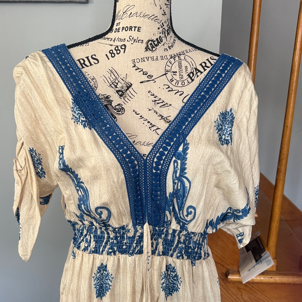 Blue and Cream Maxi Women's Dress - Picture 2 of 9